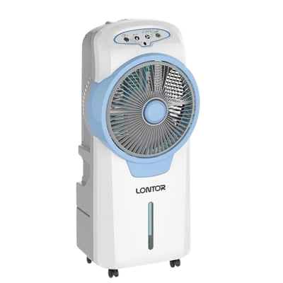 Ventilateur humidificateur BML, rechargeable, 16 pouces, 2,4 litres, 9  vitesses, Chargeur USB, télécommande, blanc